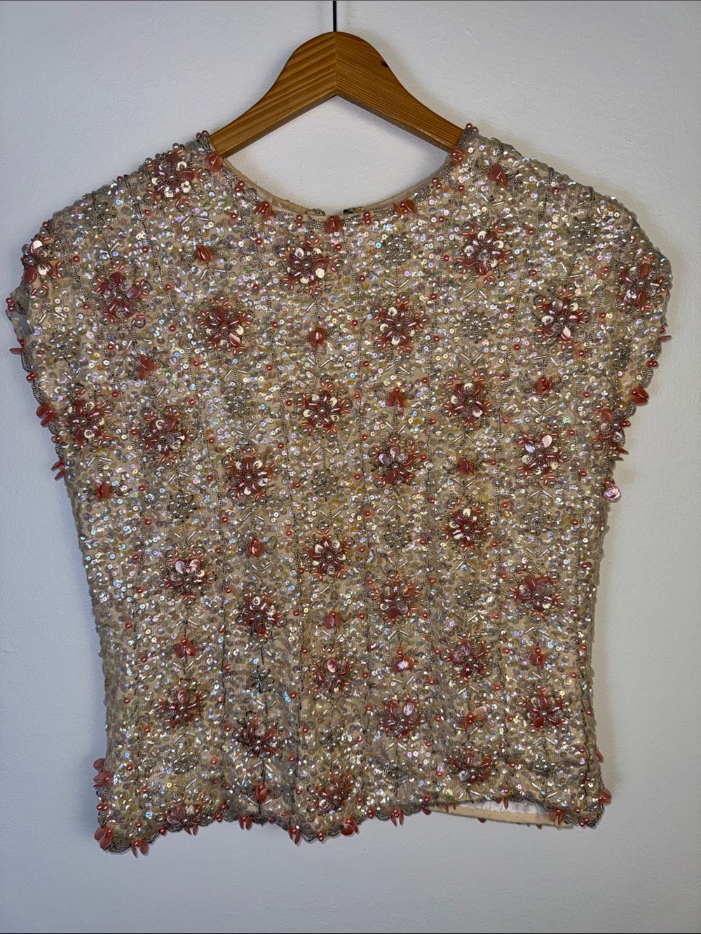 Vintage 50s 60s Hand Beaded Wool Shell Top Sequin Pearl Pastel Hong Kong